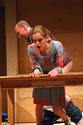 Paul Hickey as Ian and Denise Gough as Else having sex over a table in O go my Man