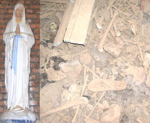 From the wall of a church in Kigali, this statue of Mary looks down on a floor littered with bones and other debris from the genocide