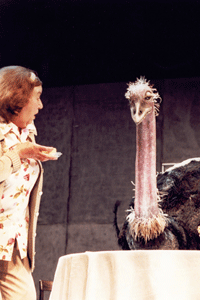 photo of a woman and an ostrich from the production "Blue Heart"
