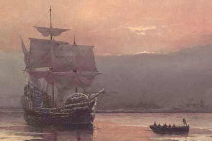 "Mayflower in Plymouth Harbor" by William Halsall (1882)