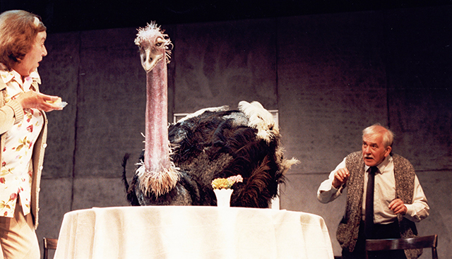 A middle aged woman and man at a dinner table look astonished at an ostrich